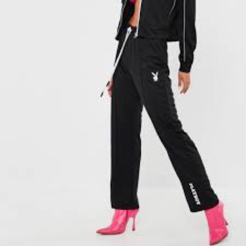 Missguided Black Straight Leg Pants with White Logo